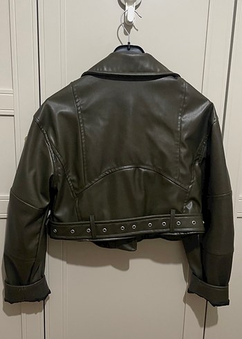 38 Beden haki Renk Kahverengi Kemerli Kısa Biker Deri Ceket