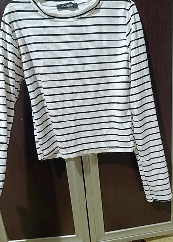 kadın Uzun Kollu Çizgili Crop - Görsel 3