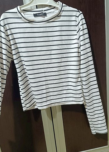 kadın Uzun Kollu Çizgili Crop - Görsel 2