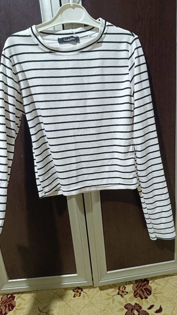 kadın Uzun Kollu Çizgili Crop - Görsel 3