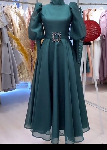 Yeşil Uzun Kollu Drapeli Kadın Abiye - Görsel 3