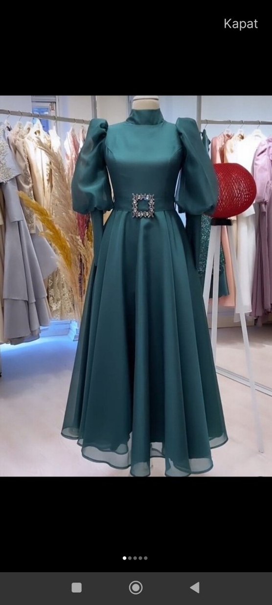 Yeşil Uzun Kollu Drapeli Kadın Abiye - Görsel 3