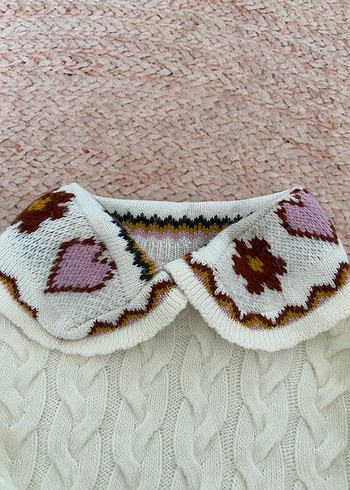 Nakışlı Beyaz Örgü Bohem Kadın Kazak - Görsel 3