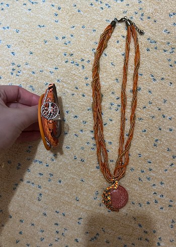 Uzun turuncu Yılan Desenli Boncuklu Kolye - Görsel 2