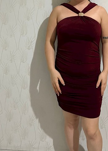 Bordo Drapeli Straplez Mini Elbise - Görsel 2