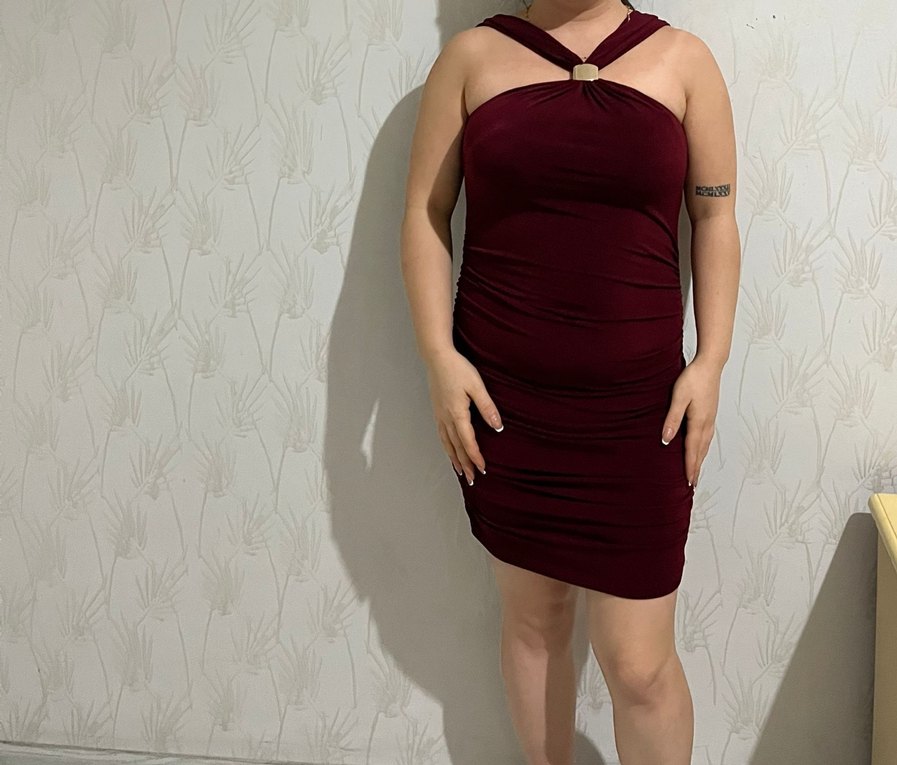 Bordo Drapeli Straplez Mini Elbise - Görsel 2