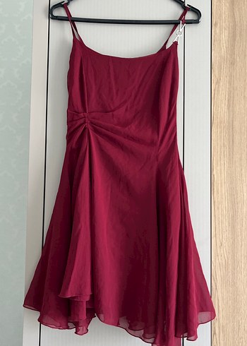 Bordo Drapeli Askılı Mini Elbise