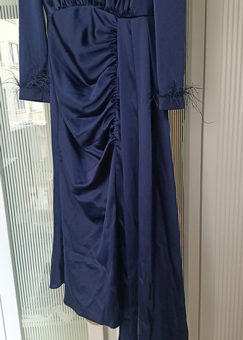 s Beden Uzun lacivert Drape Detaylı Gotik Kadın Abiye