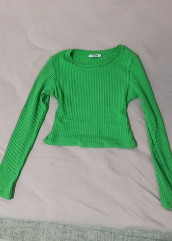 Uzun Kollu Yeşil Crop Top ince dar kesim body - Görsel 3