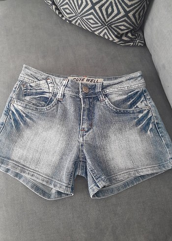 xs Beden Kadın Gri Baskılı Kemerli Mini Denim Şort