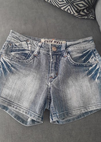 xs Beden gri Renk Kadın Gri Baskılı Kemerli Mini Denim Şort