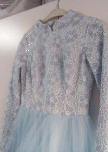 Uzun Kollu Mavi Dantel Nişan Elbisesi - Görsel 4