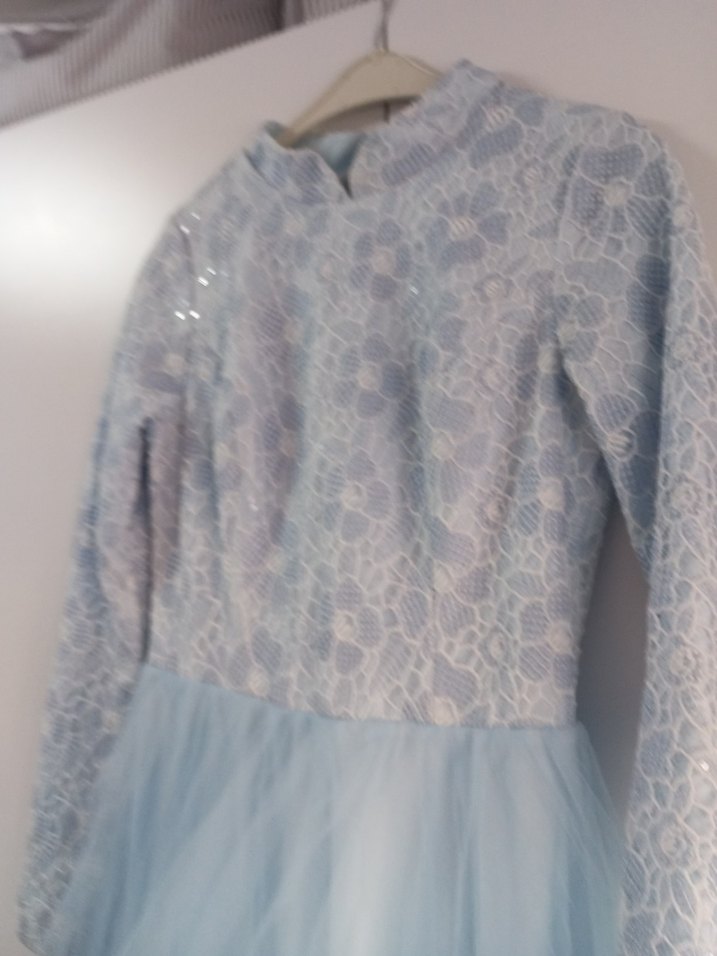 Uzun Kollu Mavi Dantel Nişan Elbisesi - Görsel 4