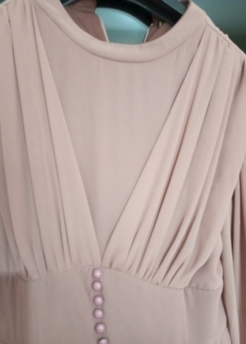 Bej Uzun Kollu Drapeli Kadın Abiye Elbise - Görsel 5