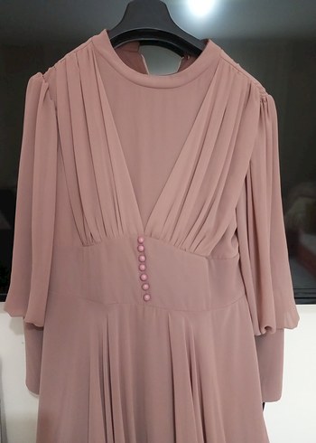 Bej Uzun Kollu Drapeli Kadın Abiye Elbise - Görsel 2