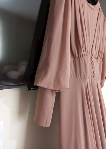 Bej Uzun Kollu Drapeli Kadın Abiye Elbise - Görsel 3