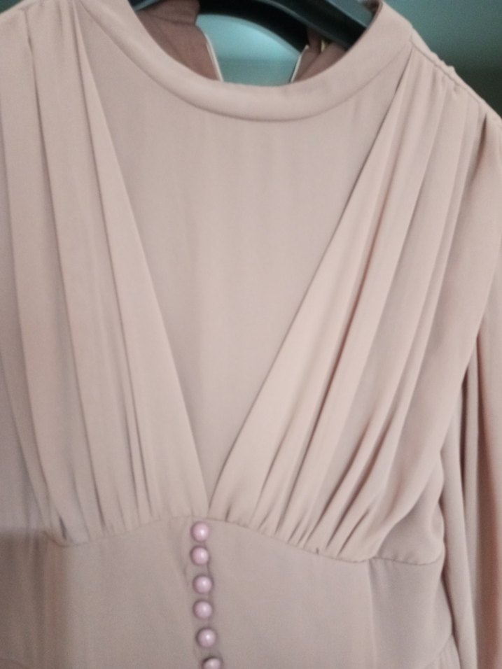 Bej Uzun Kollu Drapeli Kadın Abiye Elbise - Görsel 5