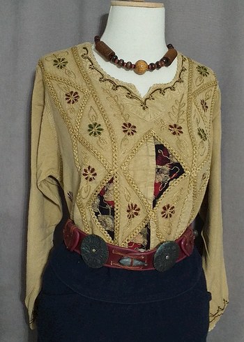 38 Beden camel Renk Nakışlı Bohem #vintage keten bluz