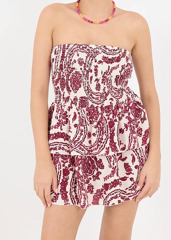 Bordo Drapeli Straplez Mini Elbise