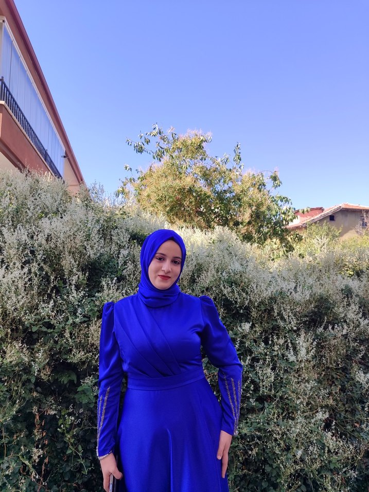 Uzun Kollu, Yüksek Yakalı Mavi Tesettür Elbise - Görsel 2