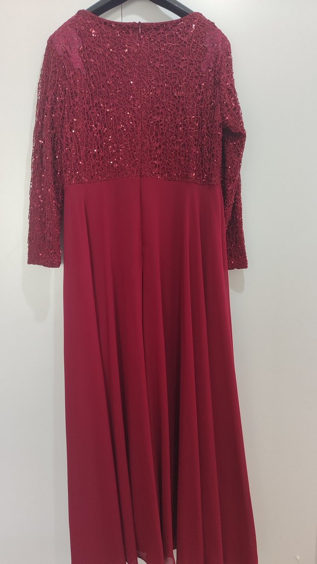 Bordo Uzun Kollu Payetli Abiye Elbise - Görsel 3