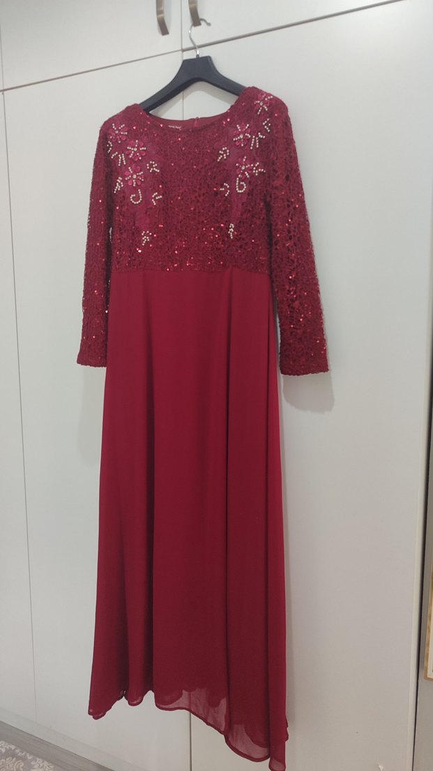 Bordo Uzun Kollu Payetli Abiye Elbise - Görsel 2