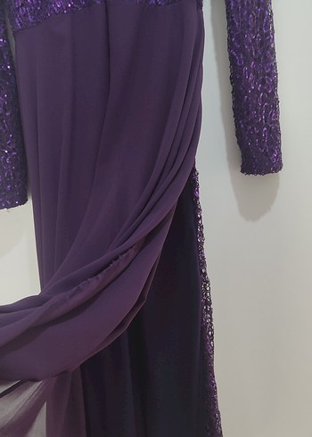 Mor Uzun Kollu Drapeli Abiye Elbise - Görsel 5