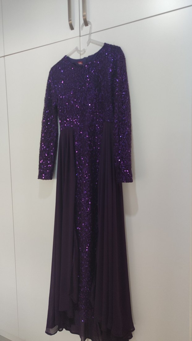 Mor Uzun Kollu Drapeli Abiye Elbise - Görsel 2