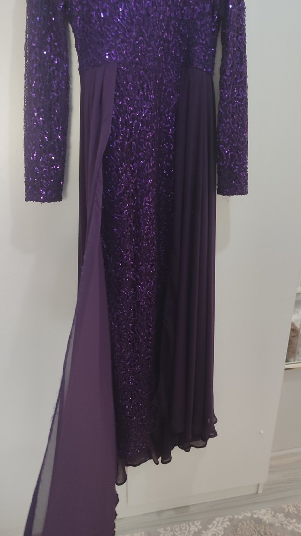 Mor Uzun Kollu Drapeli Abiye Elbise - Görsel 3