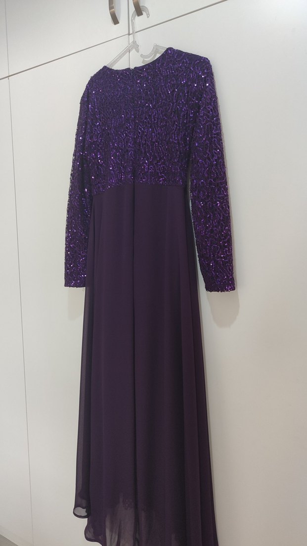 Mor Uzun Kollu Drapeli Abiye Elbise - Görsel 4