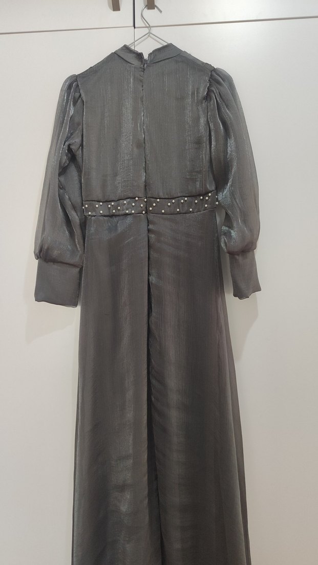 Uzun Kollu Siyah Gri Gotik Abiye Elbise - Görsel 3