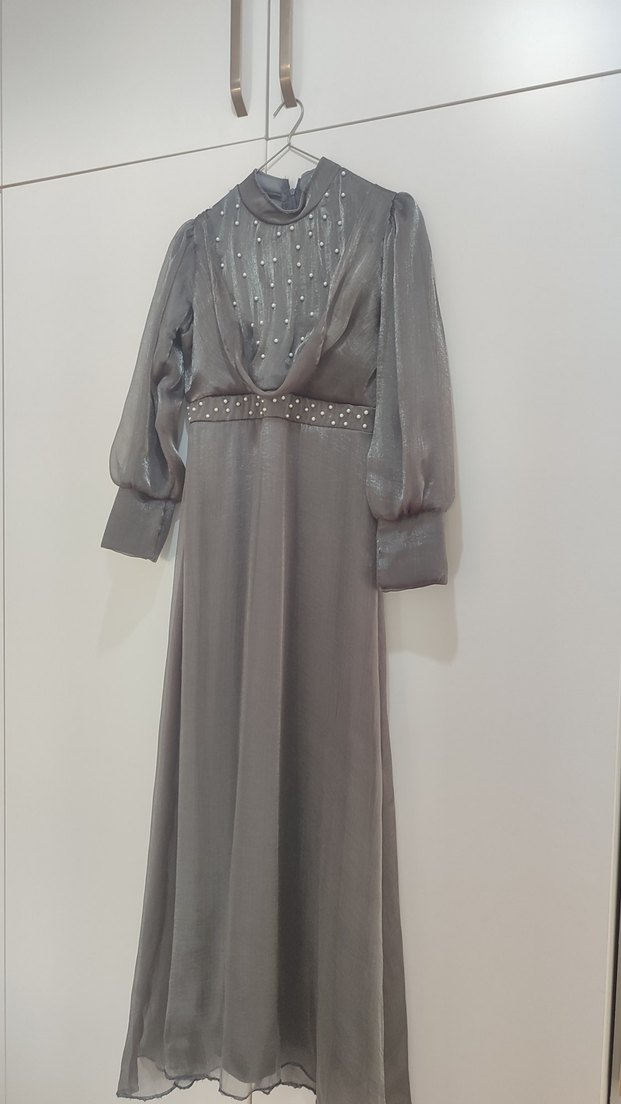 Uzun Kollu Siyah Gri Gotik Abiye Elbise - Görsel 2