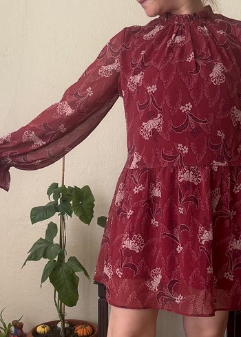 36 Beden Bordo Bohem Yaka Detaylı Elbise