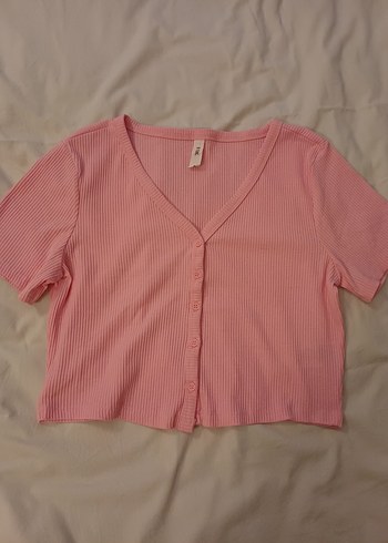 Pembe düğmeli V yaka bluz - Görsel 2