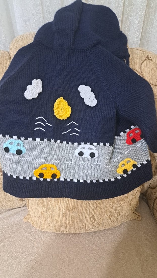 Kapüşonlu Nakışlı Erkek Çocuk Triko Hırka - Görsel 2