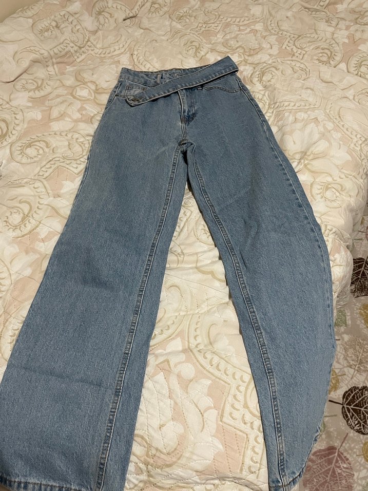 Kadın Geniş Paça Kemerli Midi Denim Pantolon - Görsel 3