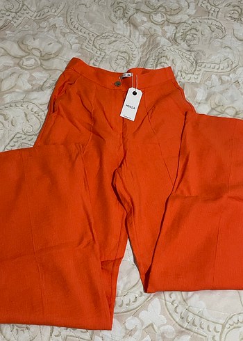 Düğmeli turuncu Keten Kadın Pantolon - Görsel 2