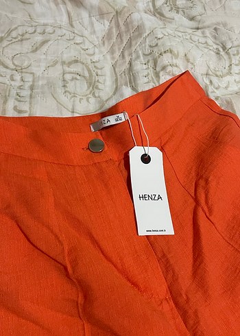 Düğmeli turuncu Keten Kadın Pantolon - Görsel 3