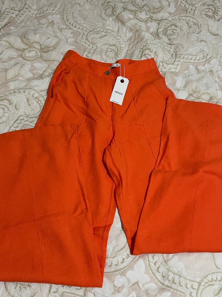 Düğmeli turuncu Keten Kadın Pantolon - Görsel 2