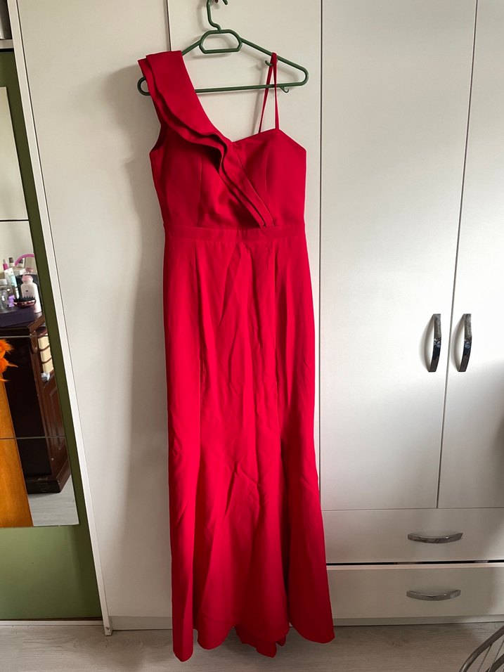 Kırmızı Drapeli Uzun Abiye Elbise - Görsel 2