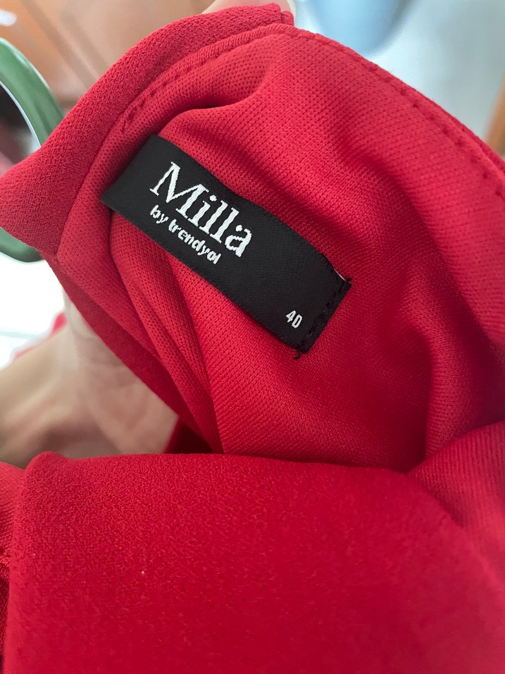 Kırmızı kare Yaka Uzun Drapeli Abiye Elbise - Görsel 5