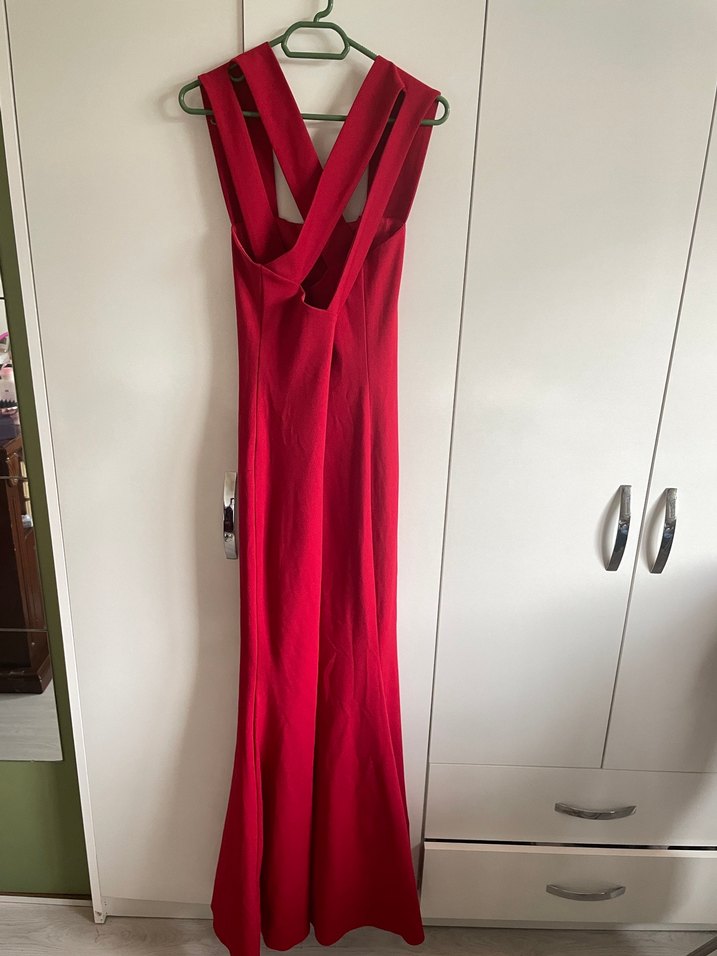 Kırmızı kare Yaka Uzun Drapeli Abiye Elbise - Görsel 3