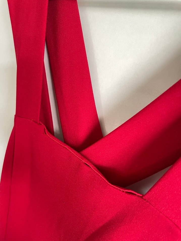 Kırmızı kare Yaka Uzun Drapeli Abiye Elbise - Görsel 2