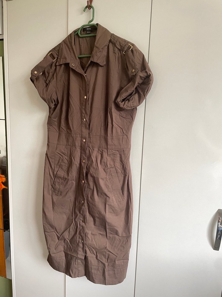 Düğmeli Kahverengi Midi Keten Ceket - Görsel 3