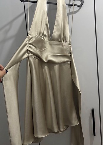 Zara Bej Parlak Mini V Yaka Kadın Elbise