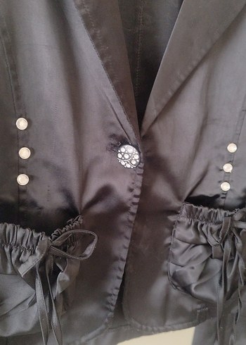 s Beden Saten Siyah Düğmeli Gotik Kadın Blazer