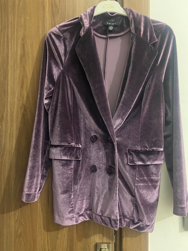 Mor Kadife Düğmeli Midi Blazer - Görsel 2