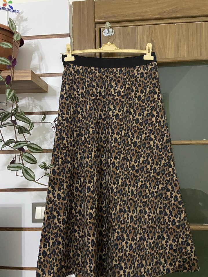 Leopar Desenli Uzun Keten Kadın Etek - Görsel 3