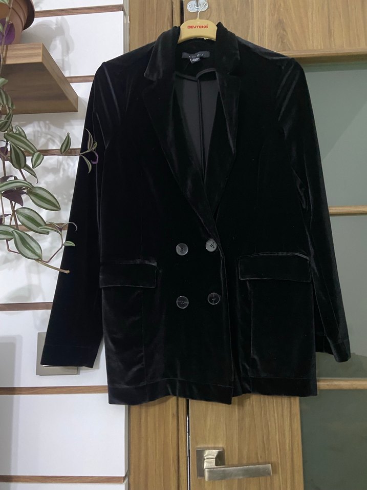 Siyah Kadın Süet Midi Blazer - Görsel 2