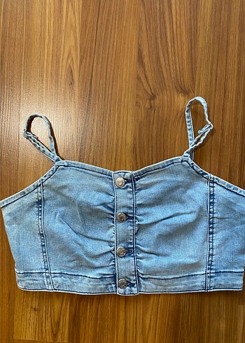 Düğmeli Mavi Midi crop